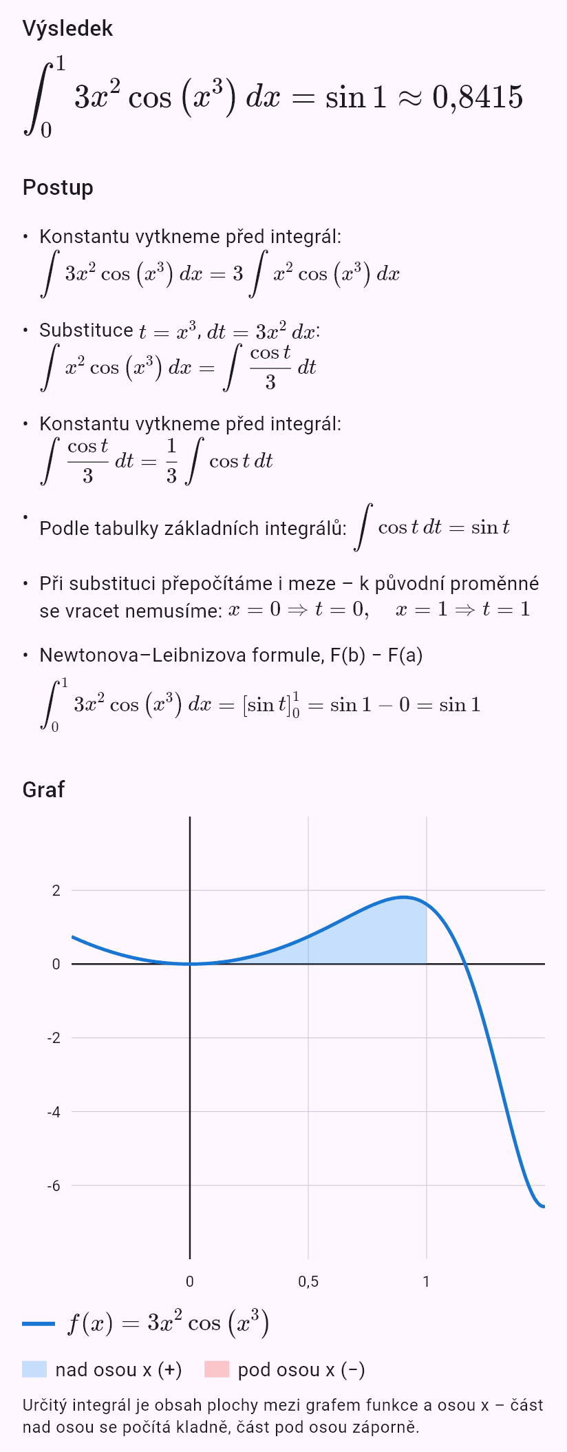 int(3x^2 cos(x^3), x, 0, 1)