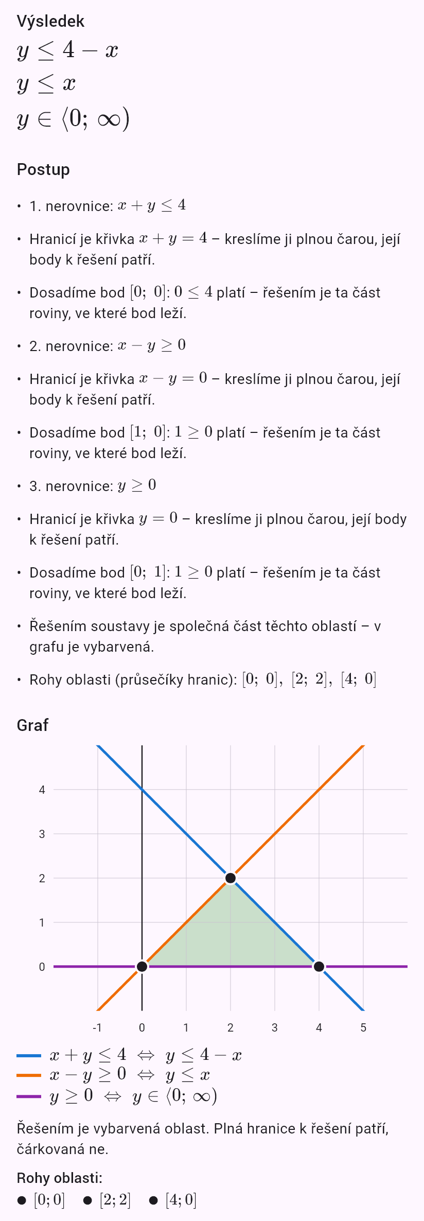 x + y <= 4
x - y >= 0
y >= 0