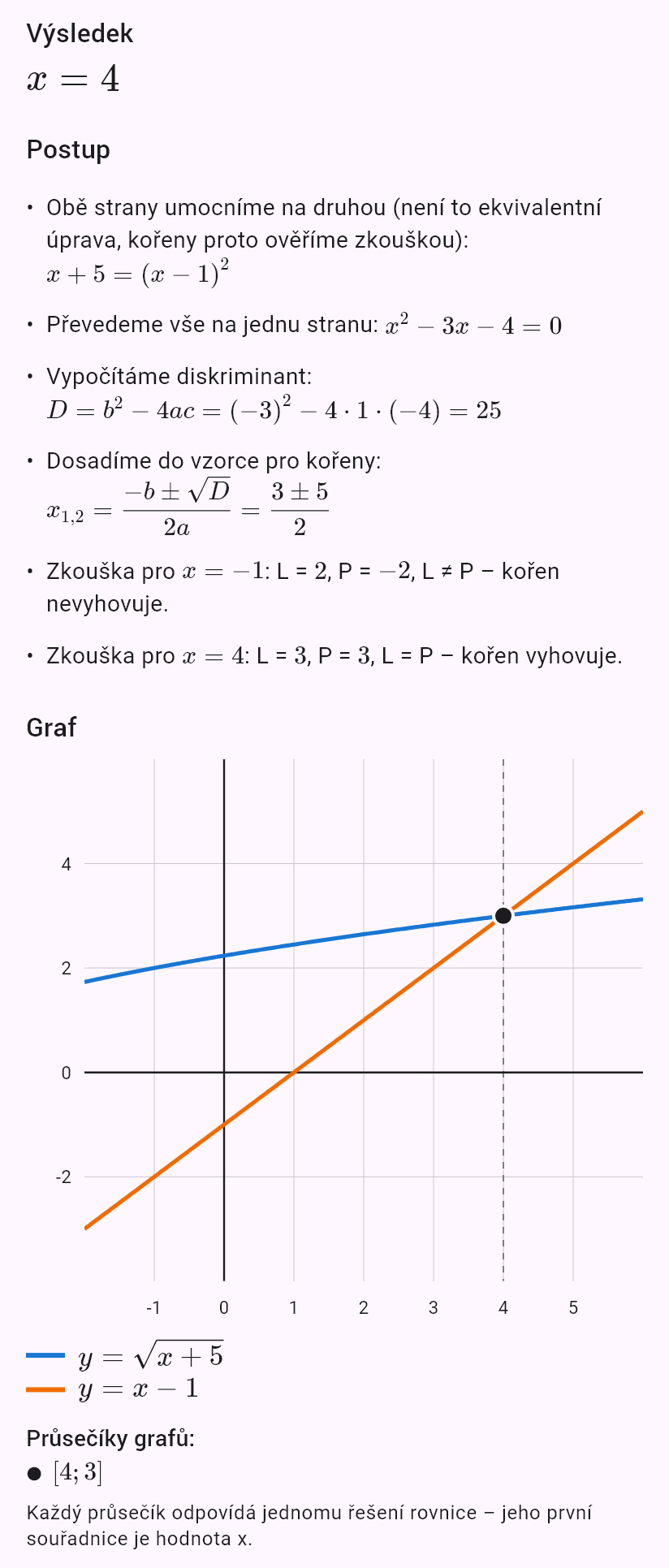 sqrt(x+5) = x - 1