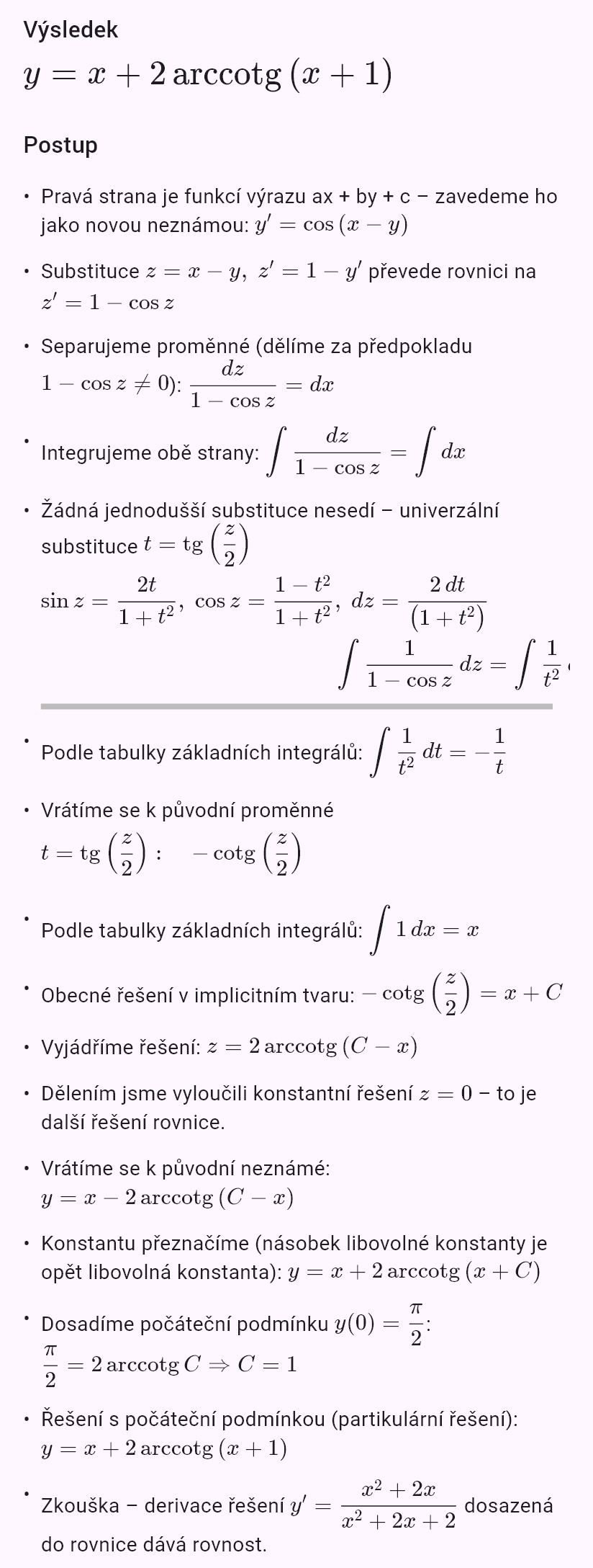 y' = cos(x - y), y(0) = pi/2