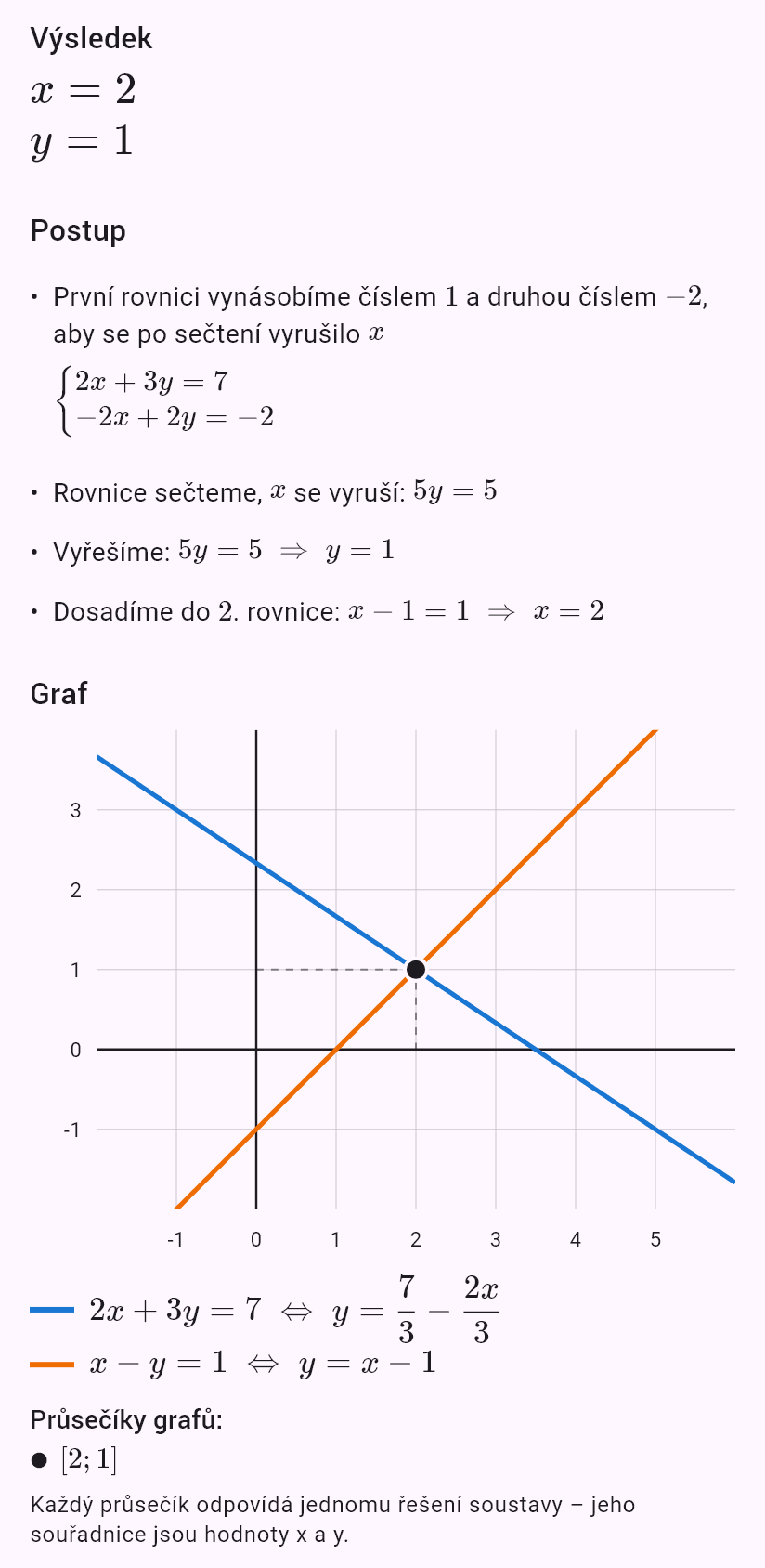 2x + 3y = 7
x - y = 1
