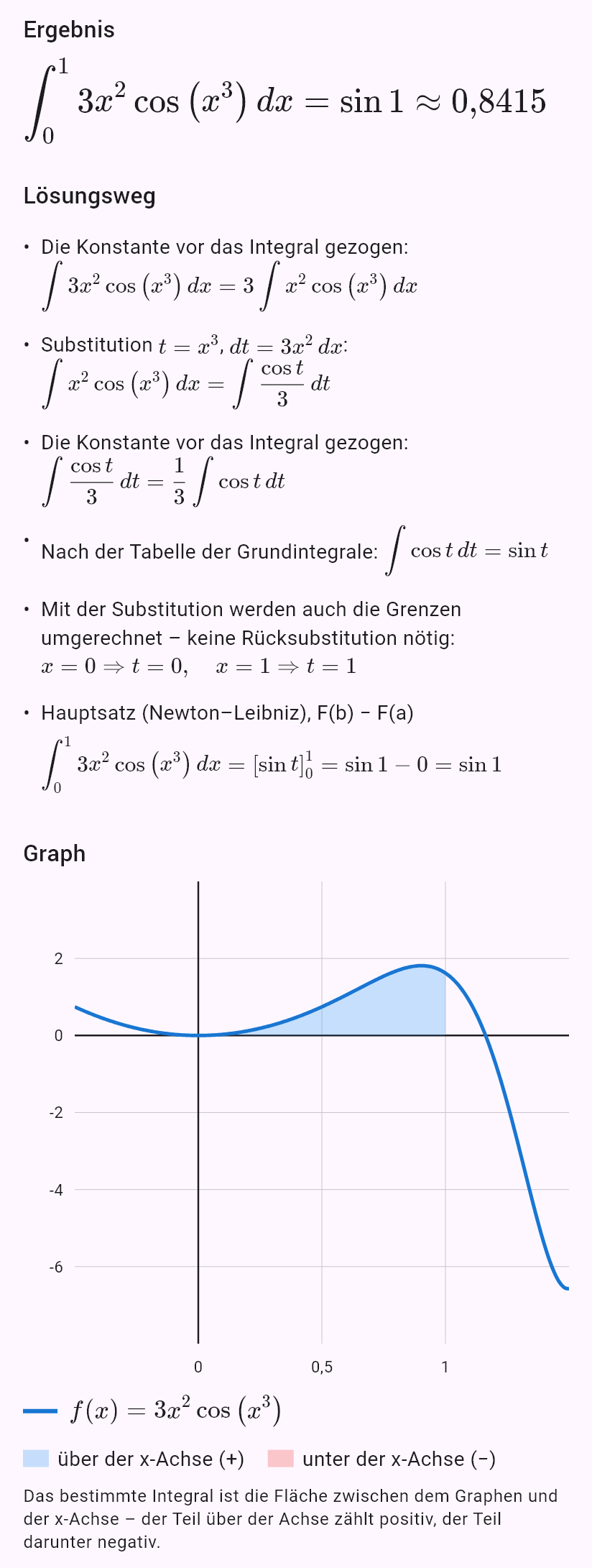 int(3x^2 cos(x^3), x, 0, 1)