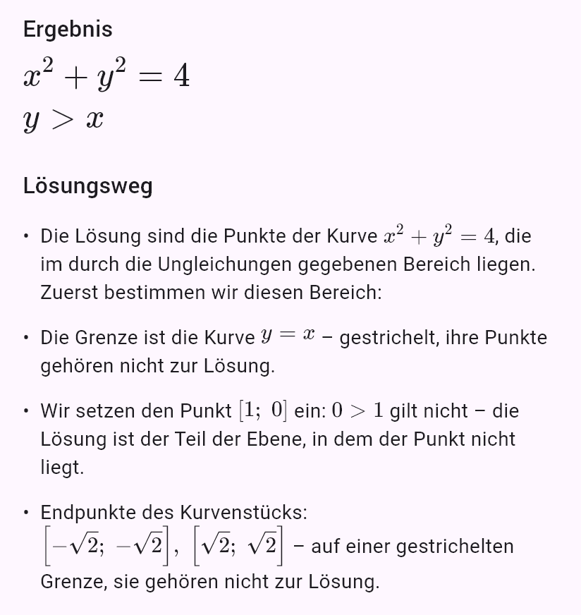 x^2 + y^2 = 4
y > x