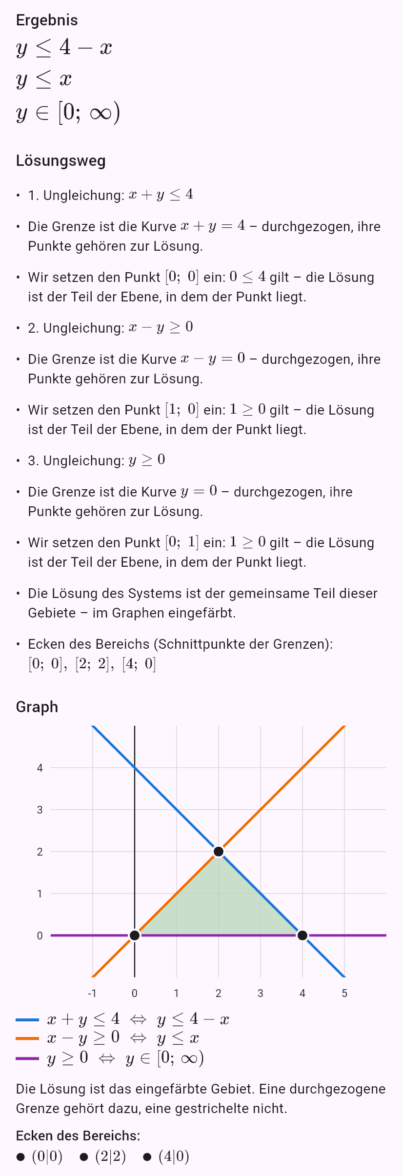 x + y <= 4
x - y >= 0
y >= 0
