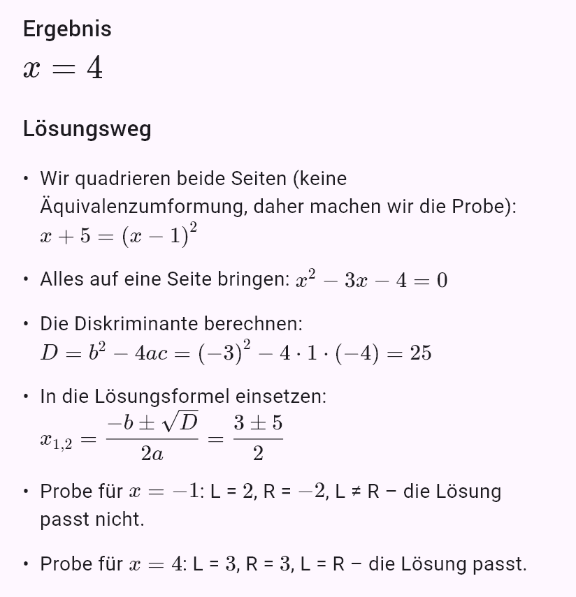 sqrt(x+5) = x - 1