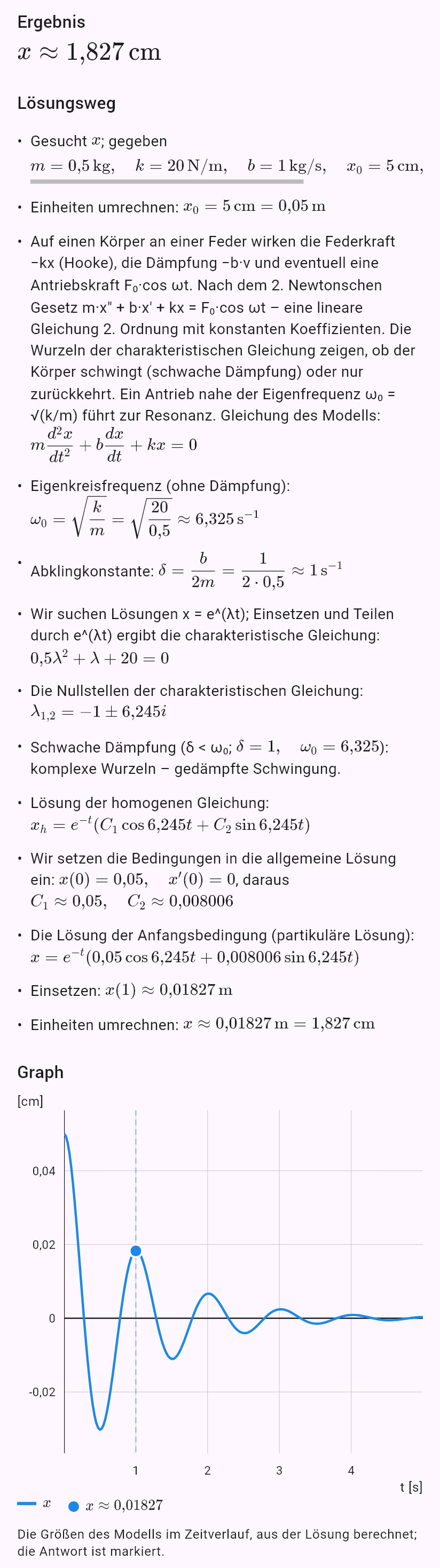 model(spring; find=x[cm]; m=0.5[kg]; k=20[N_m]; b=1[kg_s]; x0=5[cm]; v0=0[m_s]; t=1[s])