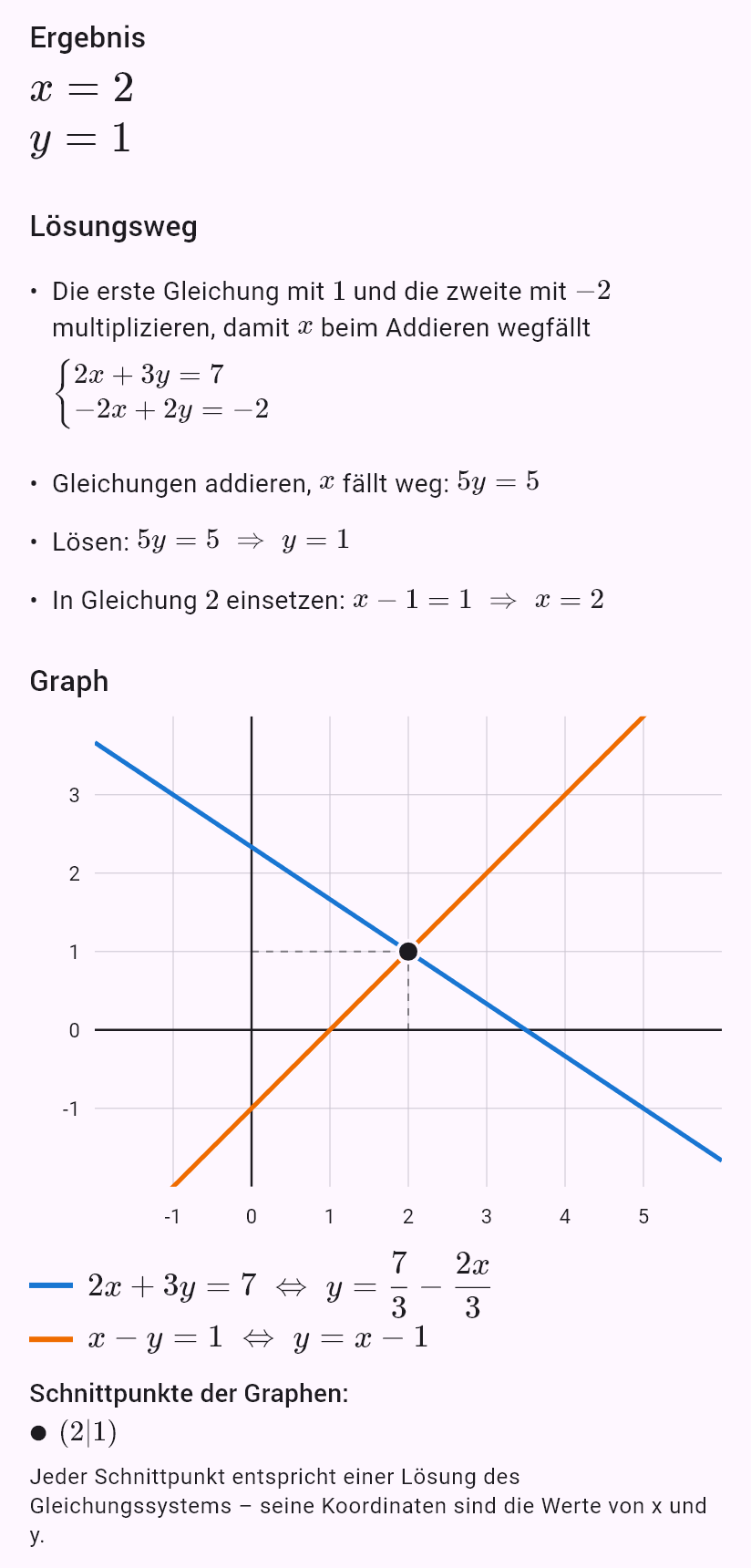 2x + 3y = 7
x - y = 1