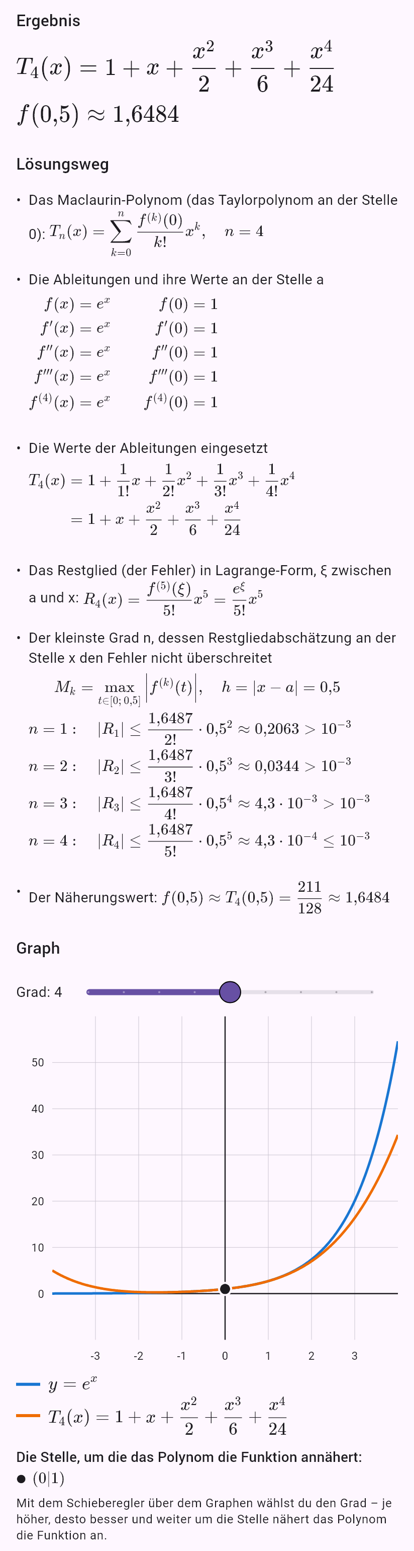 taylor(e^x, 0, chyba=0.001, x=0.5)