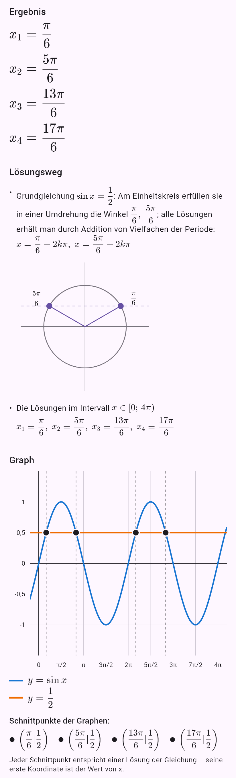 sin x = 1/2, x ∈ <0; 4pi)