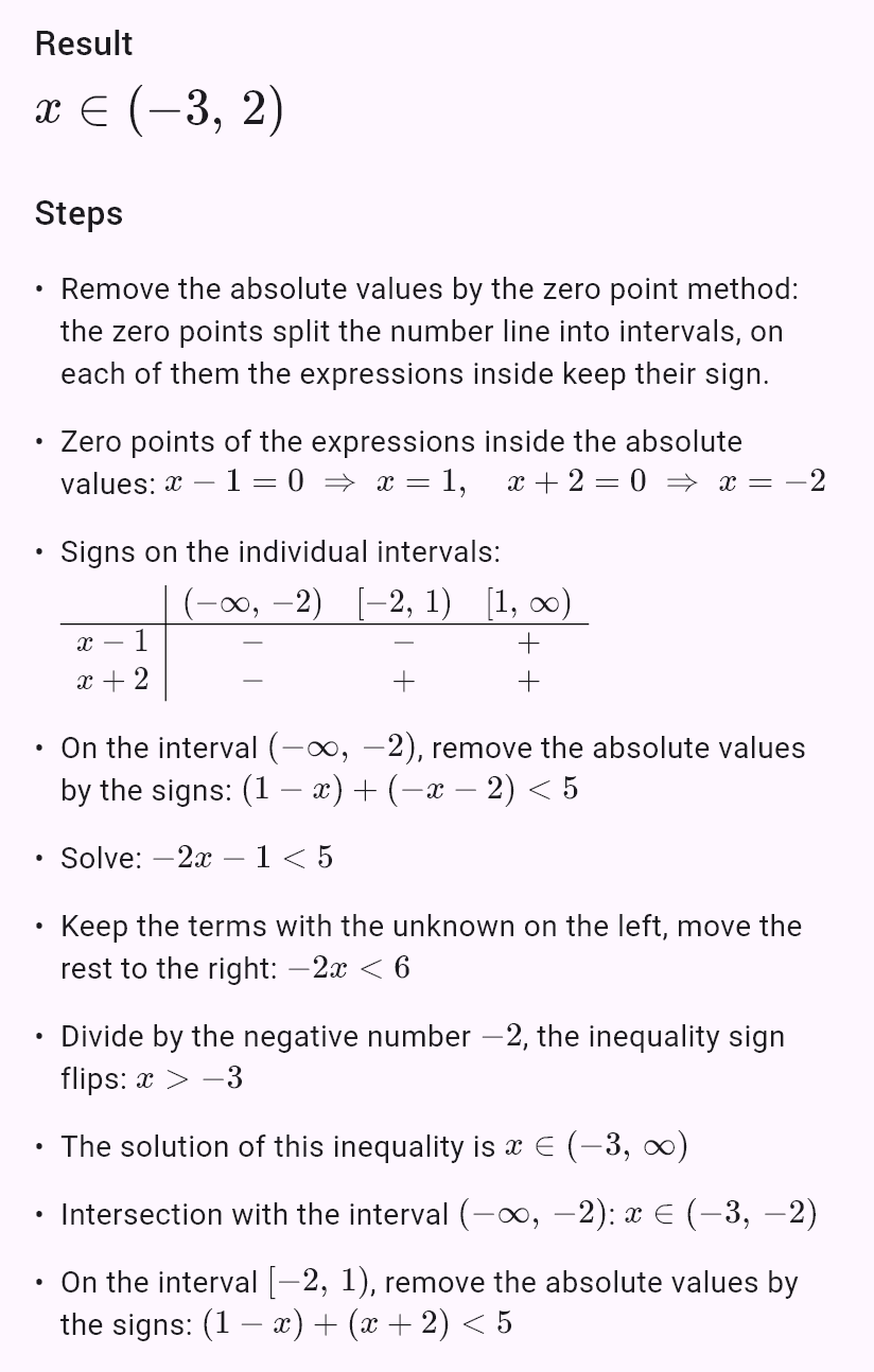 |x - 1| + |x + 2| < 5