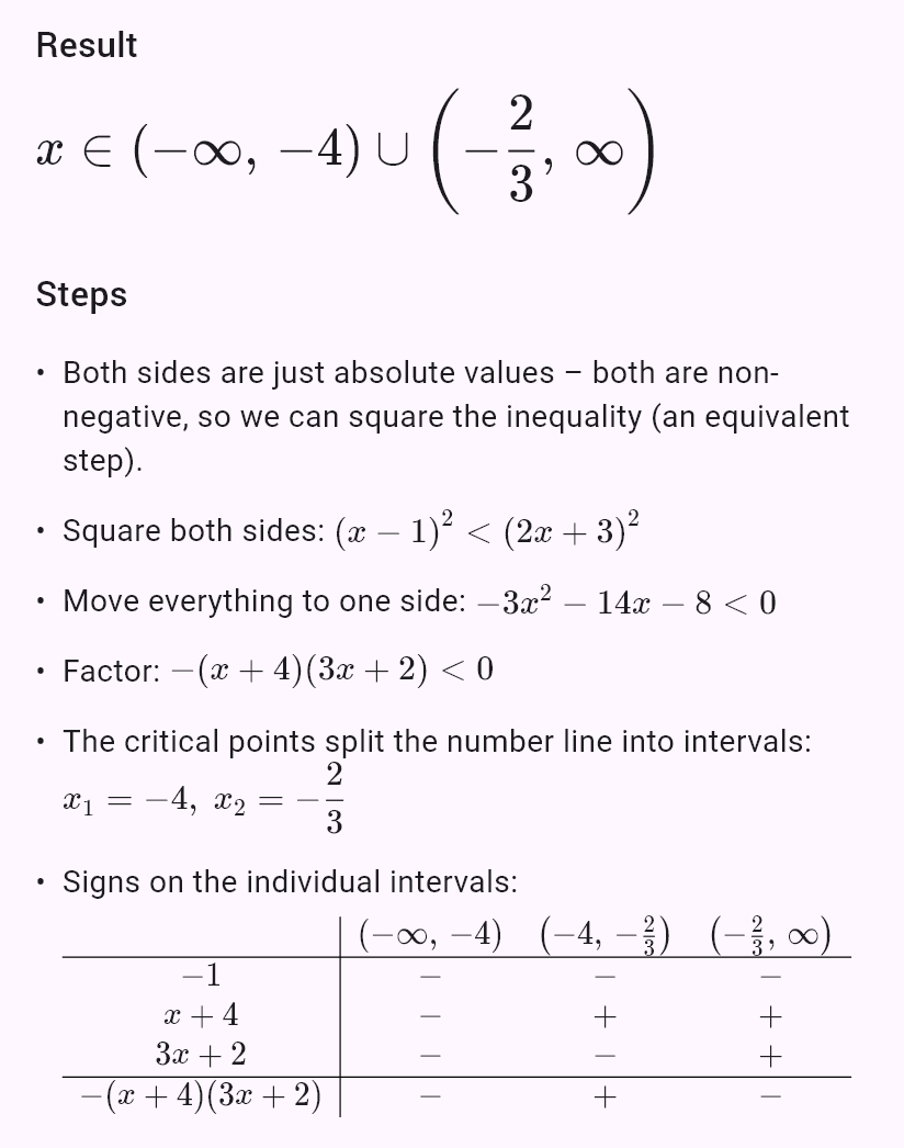|x - 1| < |2x + 3|