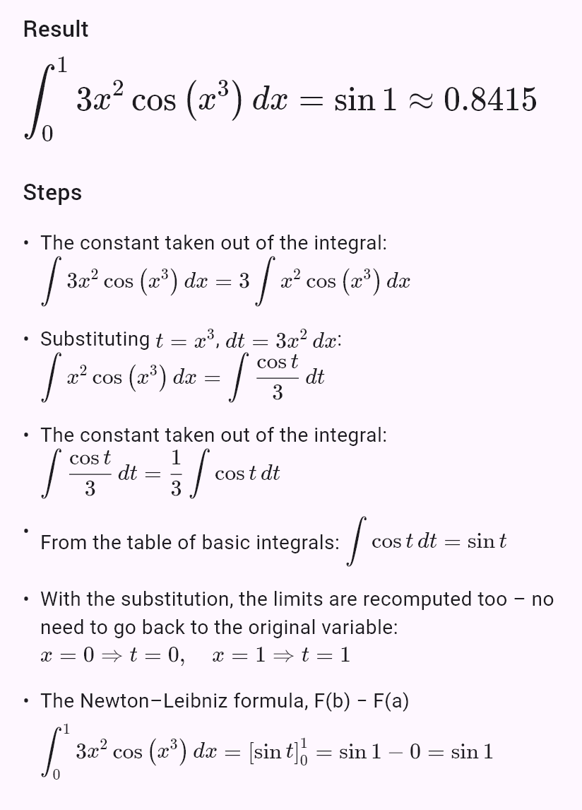 int(3x^2 cos(x^3), x, 0, 1)
