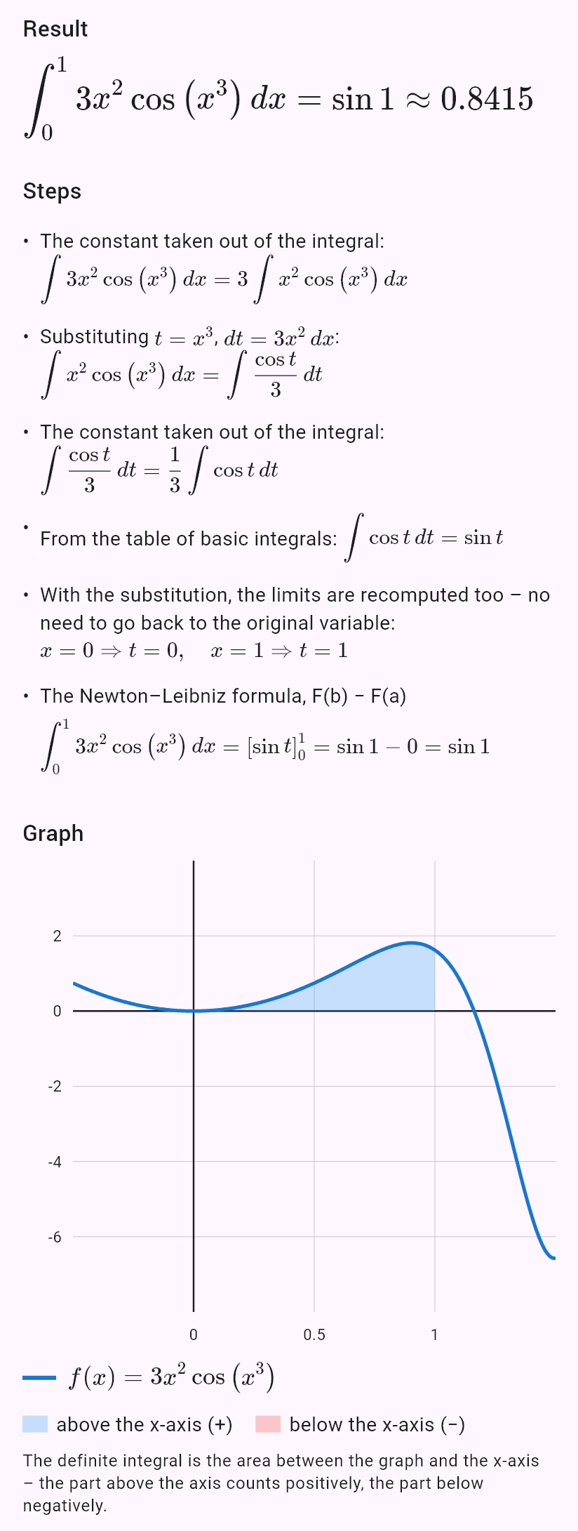 int(3x^2 cos(x^3), x, 0, 1)