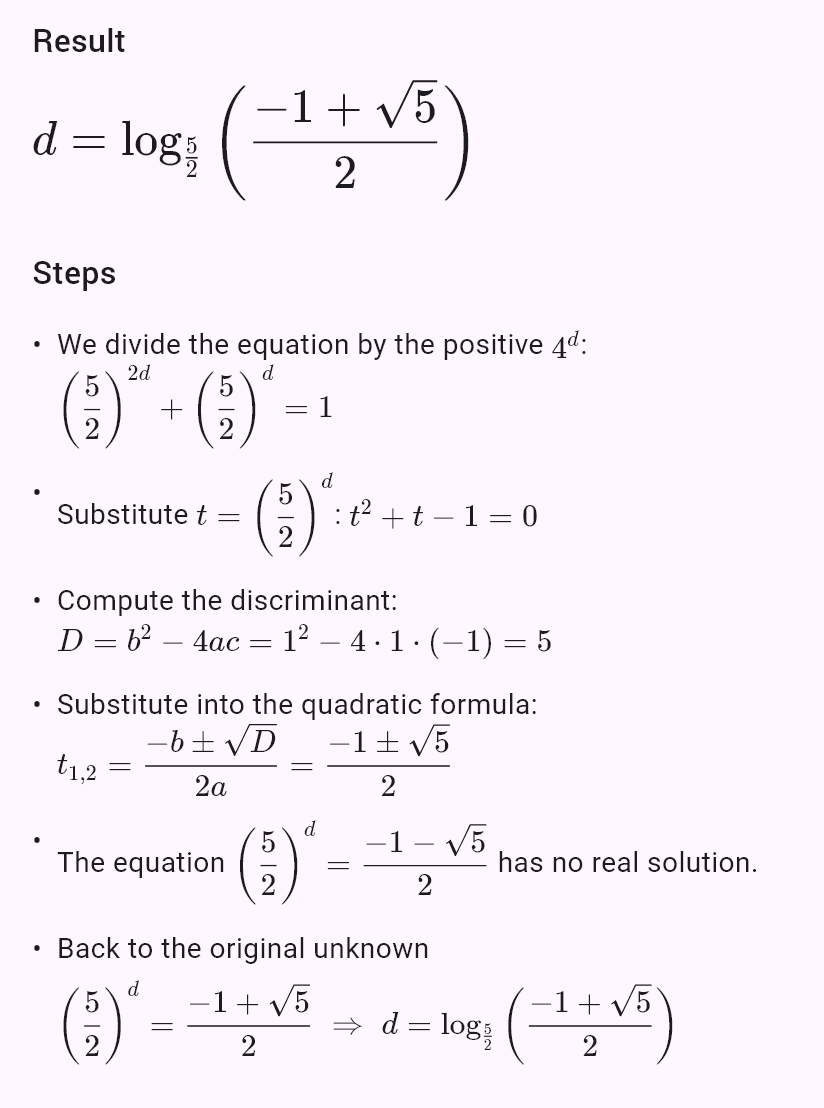 25^d + 10^d = 4^d