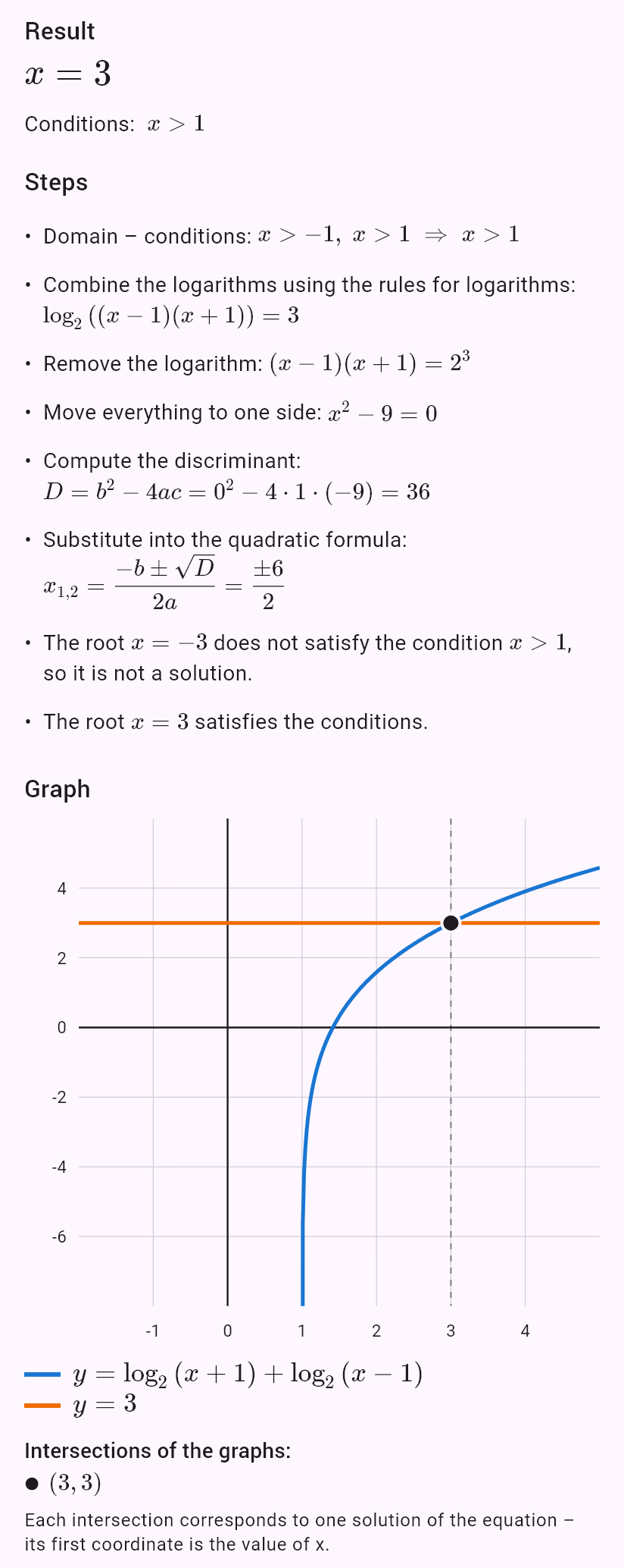 log_2(x+1) + log_2(x-1) = 3