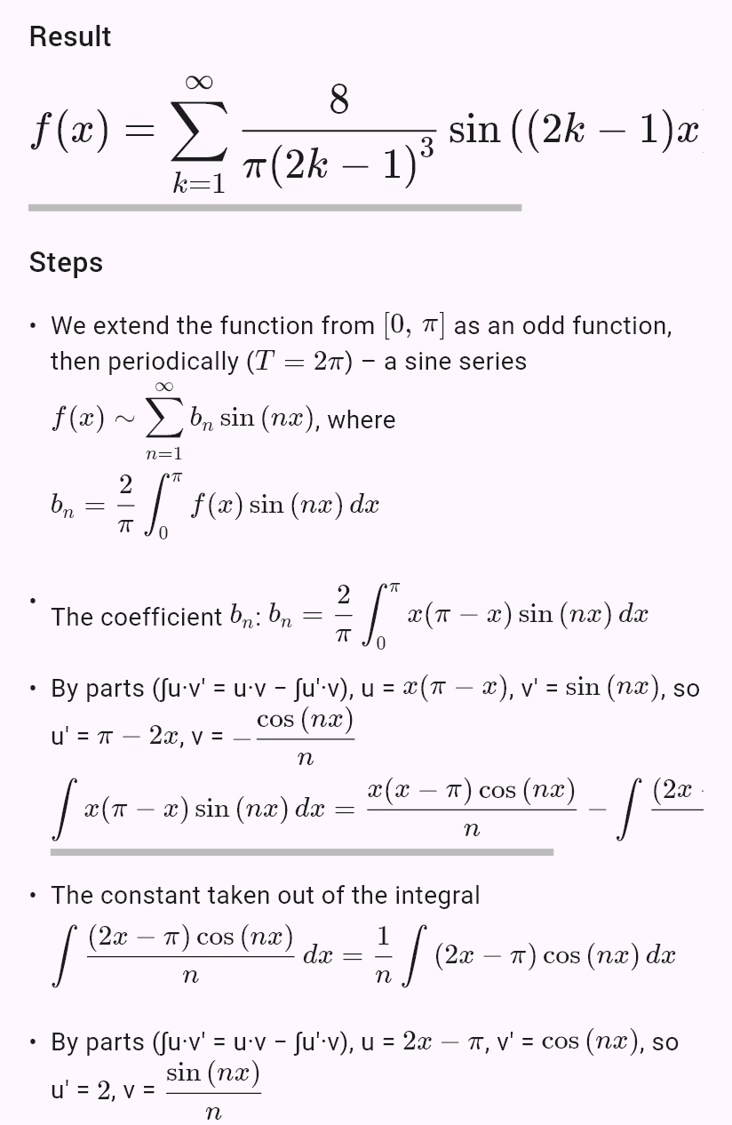 fouriersin(x*(pi - x), 0, pi)