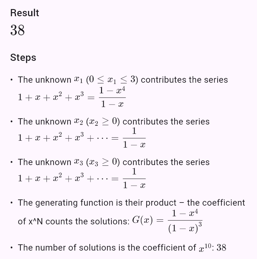 počet řešení x_1 + x_2 + x_3 = 10, x_1 <= 3