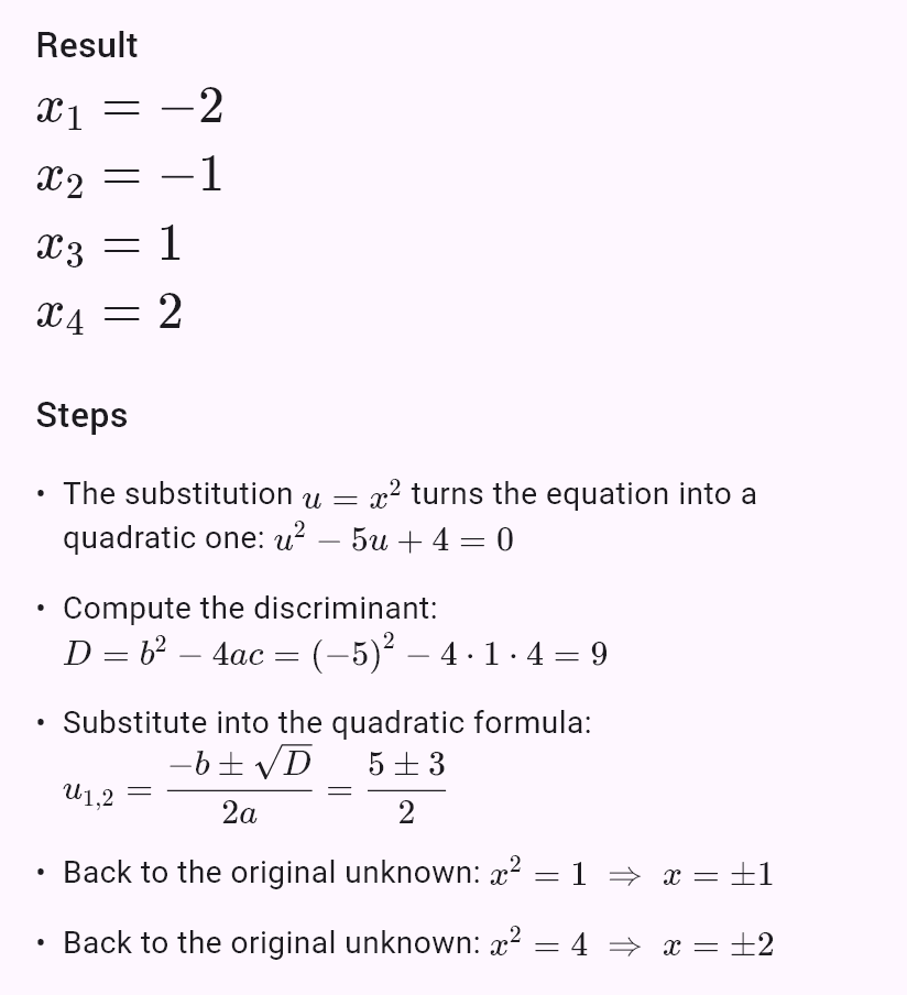x^4 - 5x^2 + 4 = 0