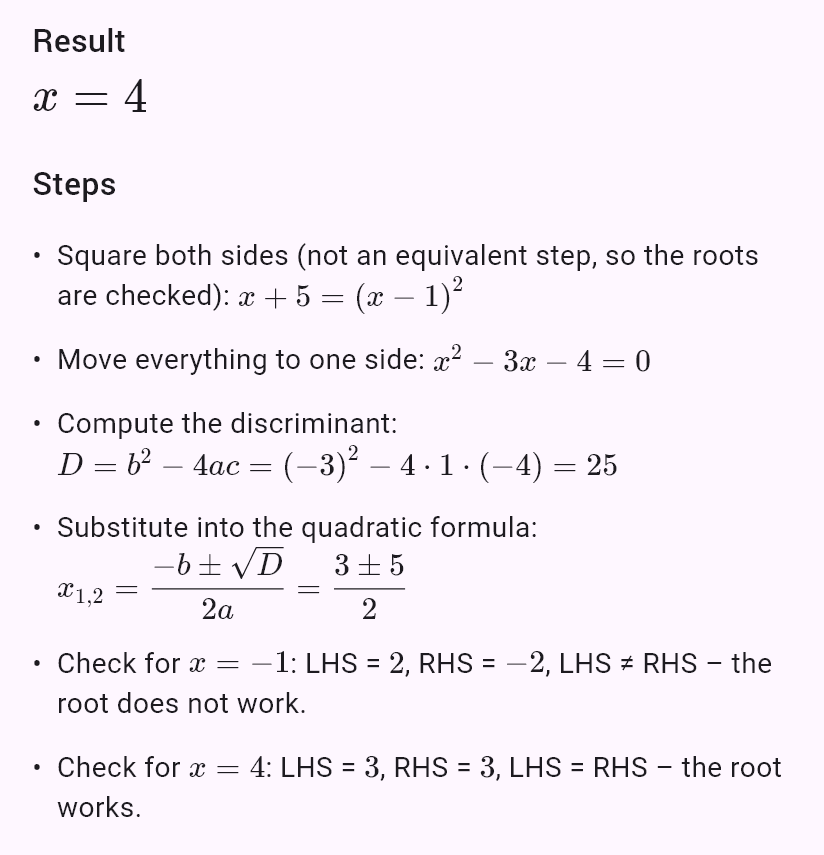 sqrt(x+5) = x - 1