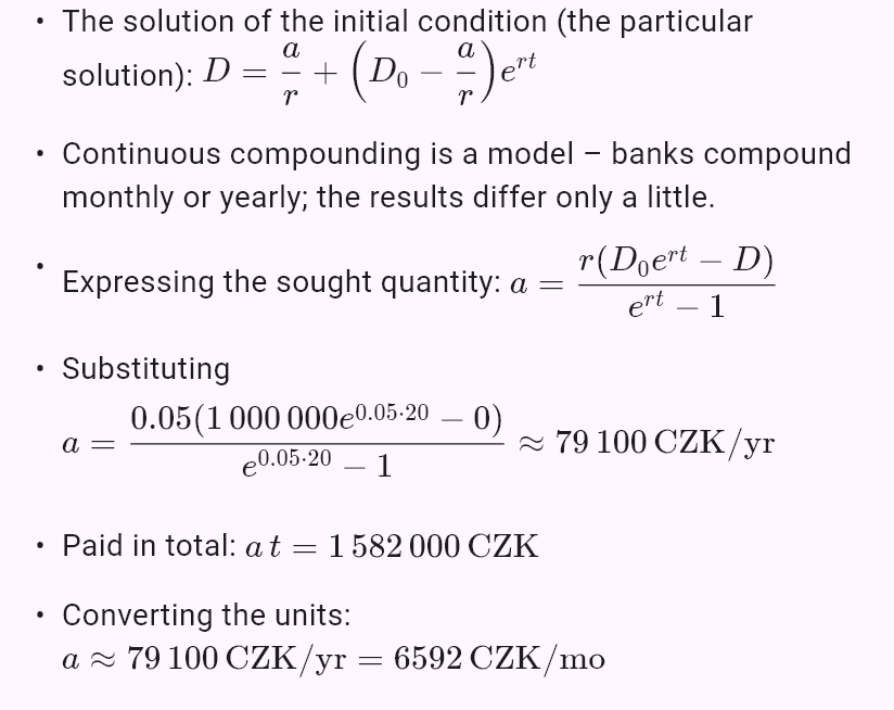 model(interest; find=a[CZK_mo]; B0=1000000[CZK]; r=5[pct_yr]; t=20[yr]; B=0[CZK]; kind=loan)