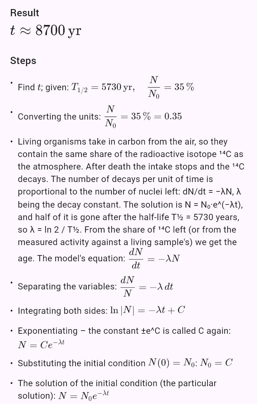 model(radiocarbon; find=t[yr]; T12=5730[yr]; p=35[pct]; input=ratio)