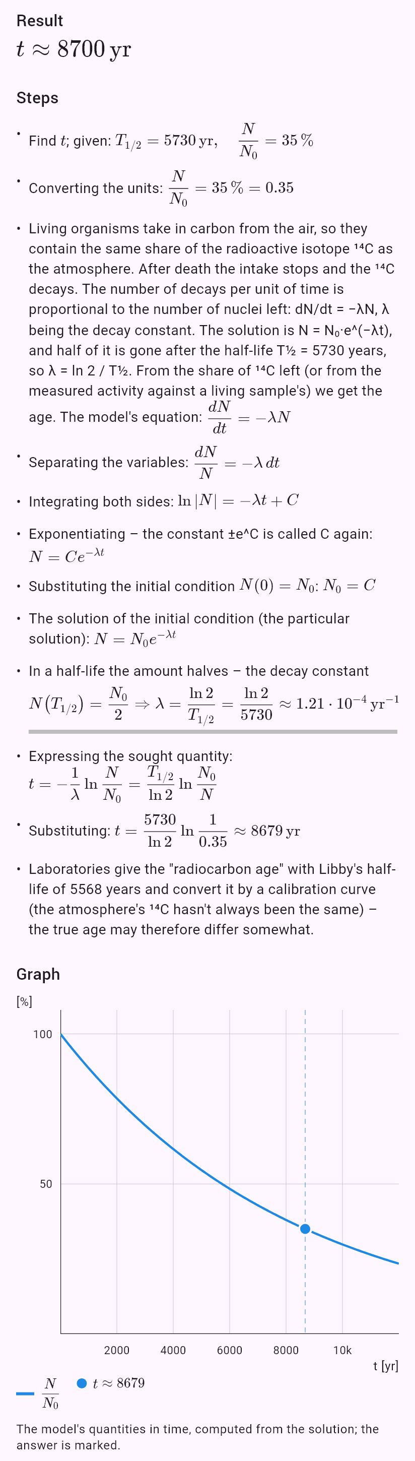 model(radiocarbon; find=t[yr]; T12=5730[yr]; p=35[pct]; input=ratio)