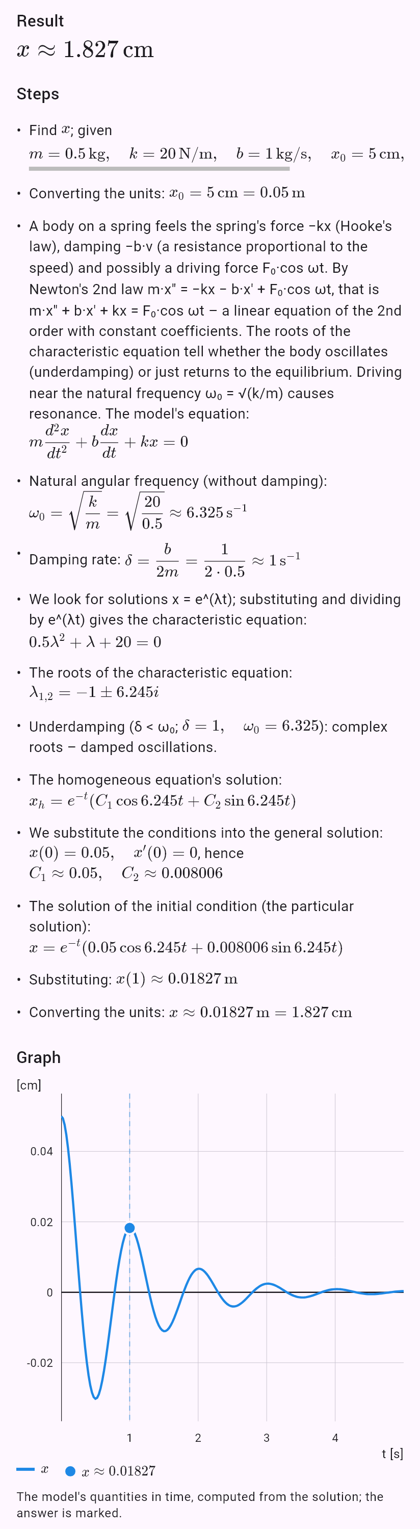 model(spring; find=x[cm]; m=0.5[kg]; k=20[N_m]; b=1[kg_s]; x0=5[cm]; v0=0[m_s]; t=1[s])