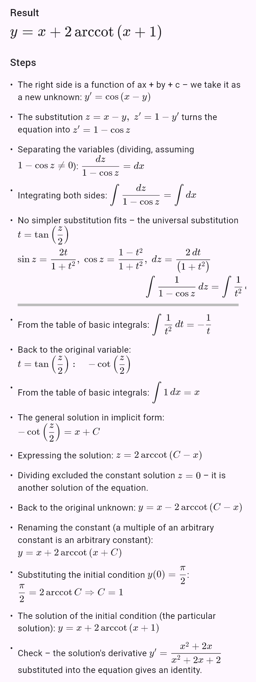 y' = cos(x - y), y(0) = pi/2
