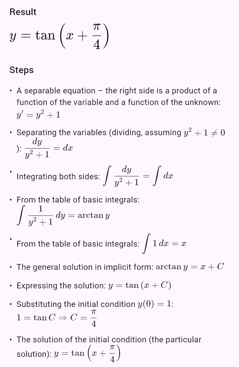 y' = y^2 + 1, y(0) = 1