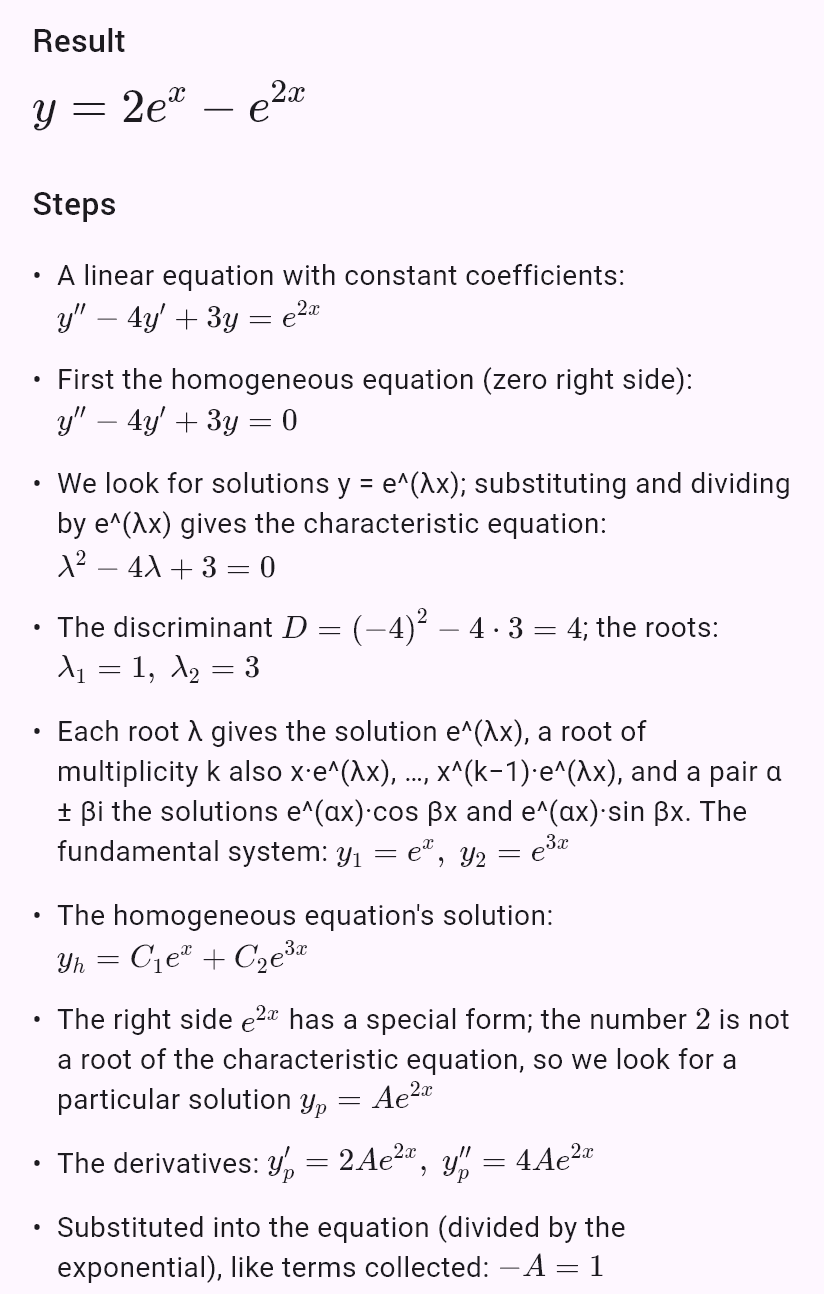 y'' - 4y' + 3y = e^(2x), y(0) = 1, y'(0) = 0