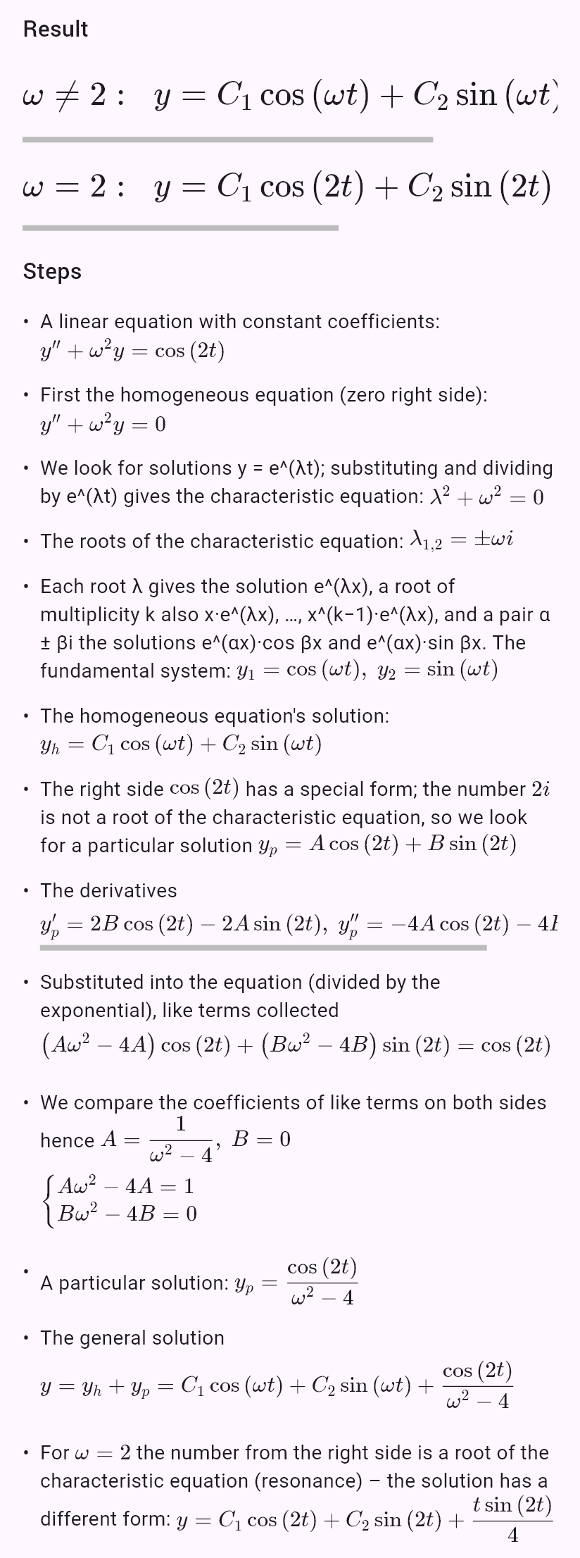 y'' + ω^2y = cos(2t)