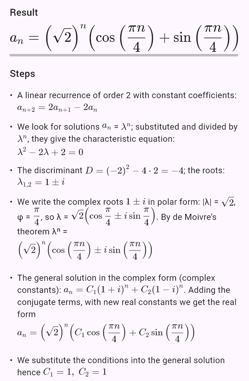 a_{n+2} = 2a_{n+1} - 2a_n, a_0 = 1, a_1 = 2
