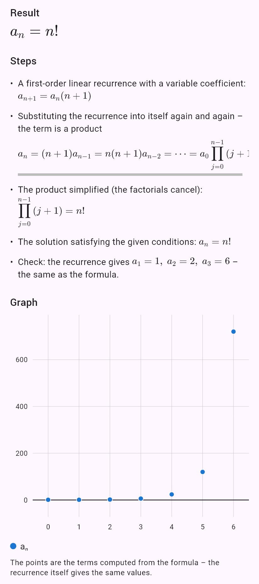 a_{n+1} = (n+1)a_n, a_0 = 1