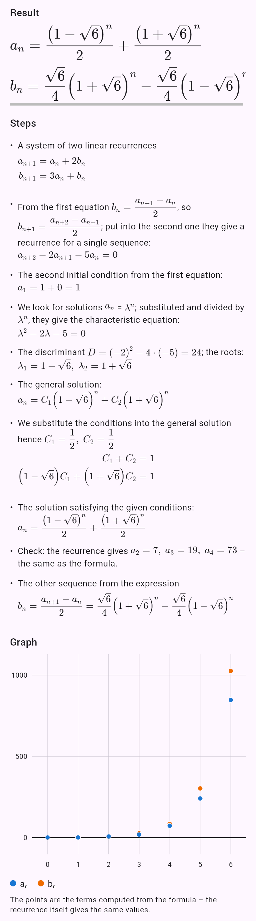 a_{n+1} = a_n + 2b_n
b_{n+1} = 3a_n + b_n
a_0 = 1, b_0 = 0