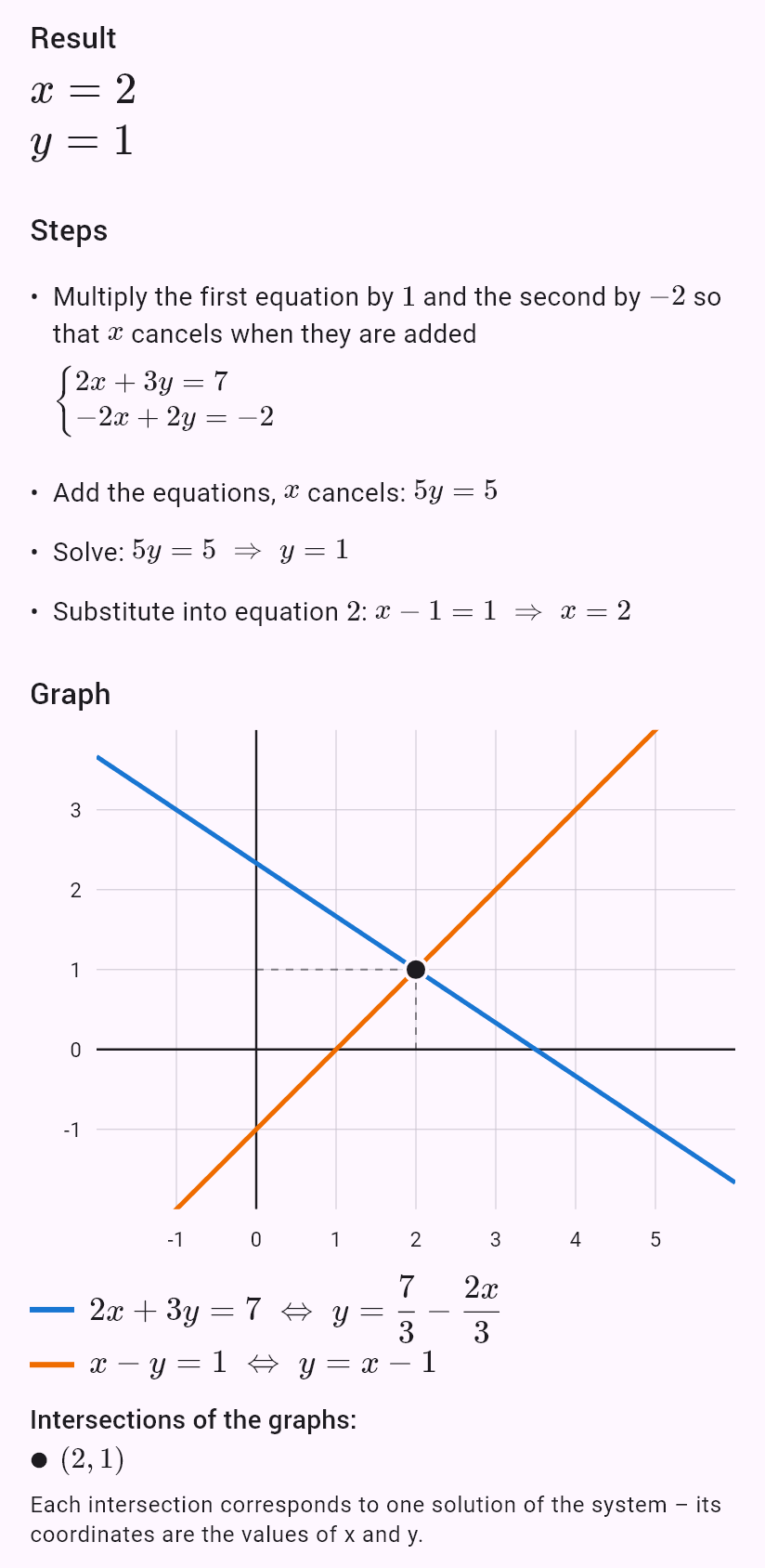 2x + 3y = 7
x - y = 1