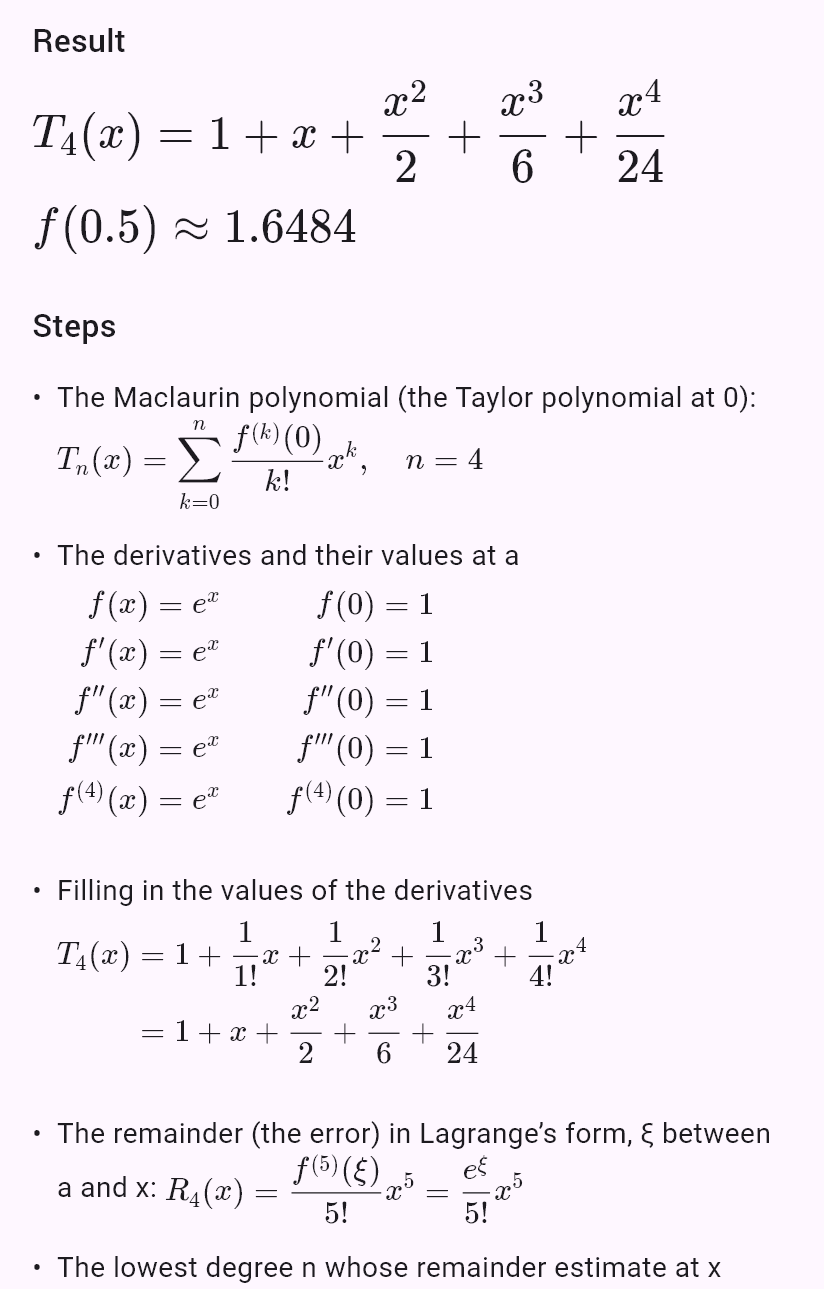 taylor(e^x, 0, chyba=0.001, x=0.5)