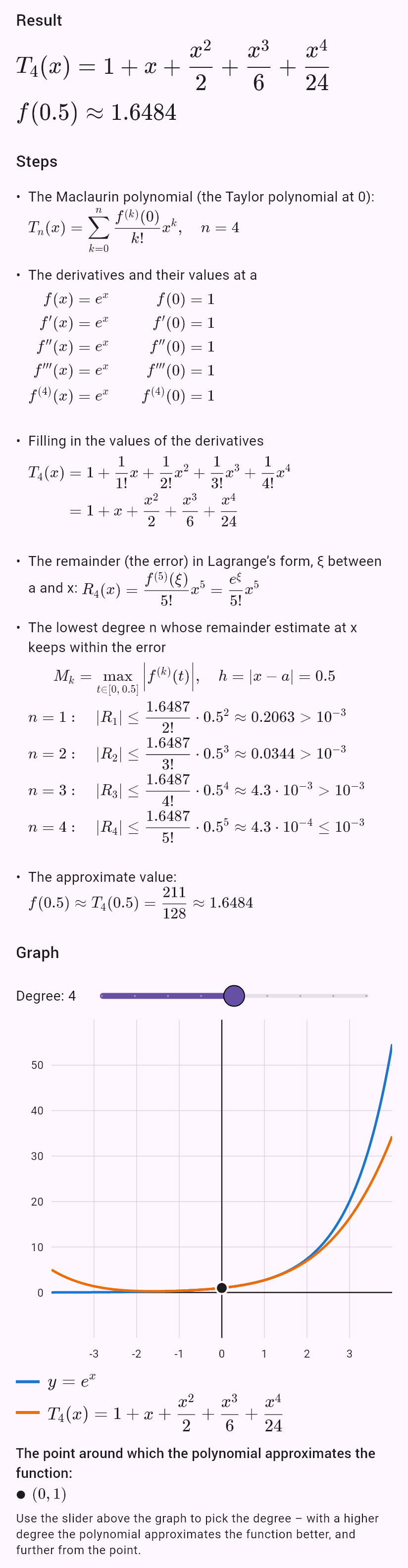 taylor(e^x, 0, chyba=0.001, x=0.5)