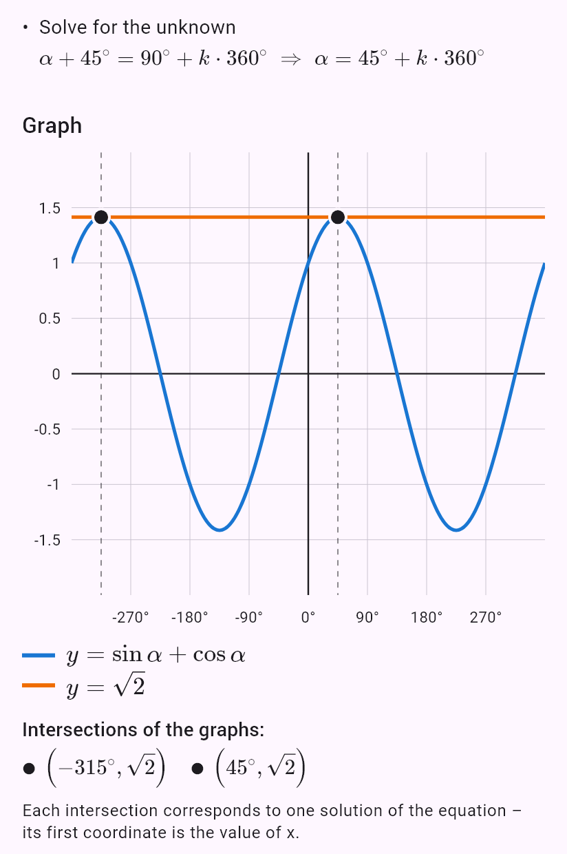 sin alpha + cos alpha = sqrt(2)
