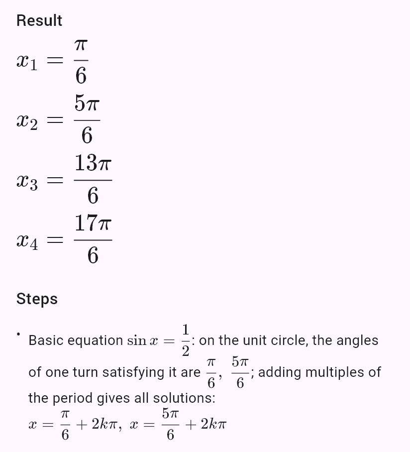 sin x = 1/2, x ∈ <0; 4pi)