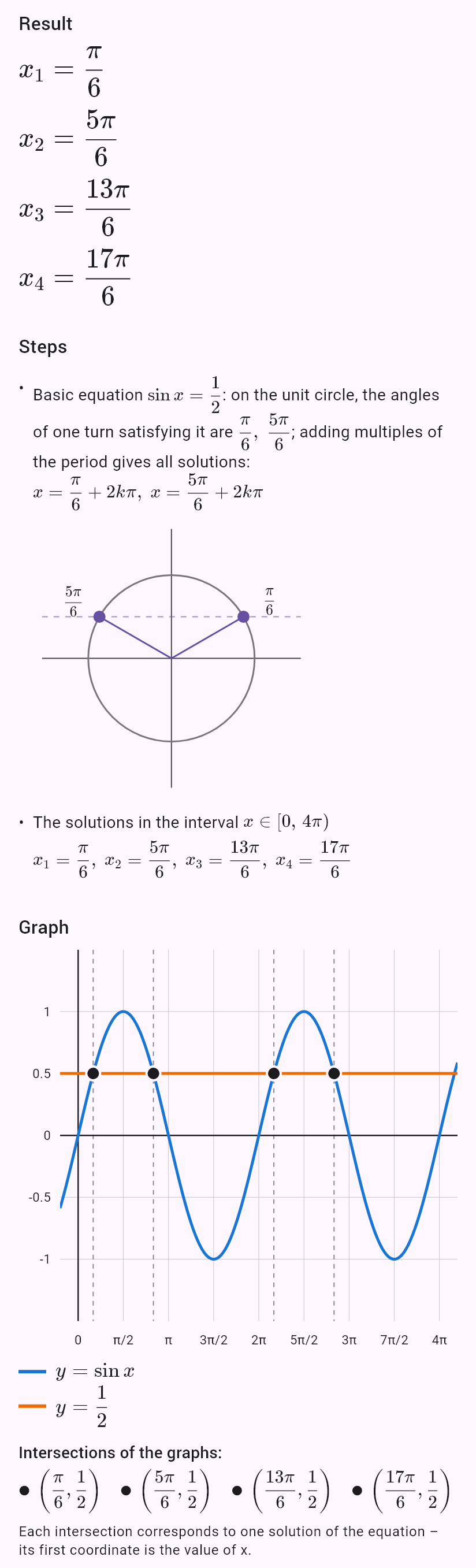 sin x = 1/2, x ∈ <0; 4pi)