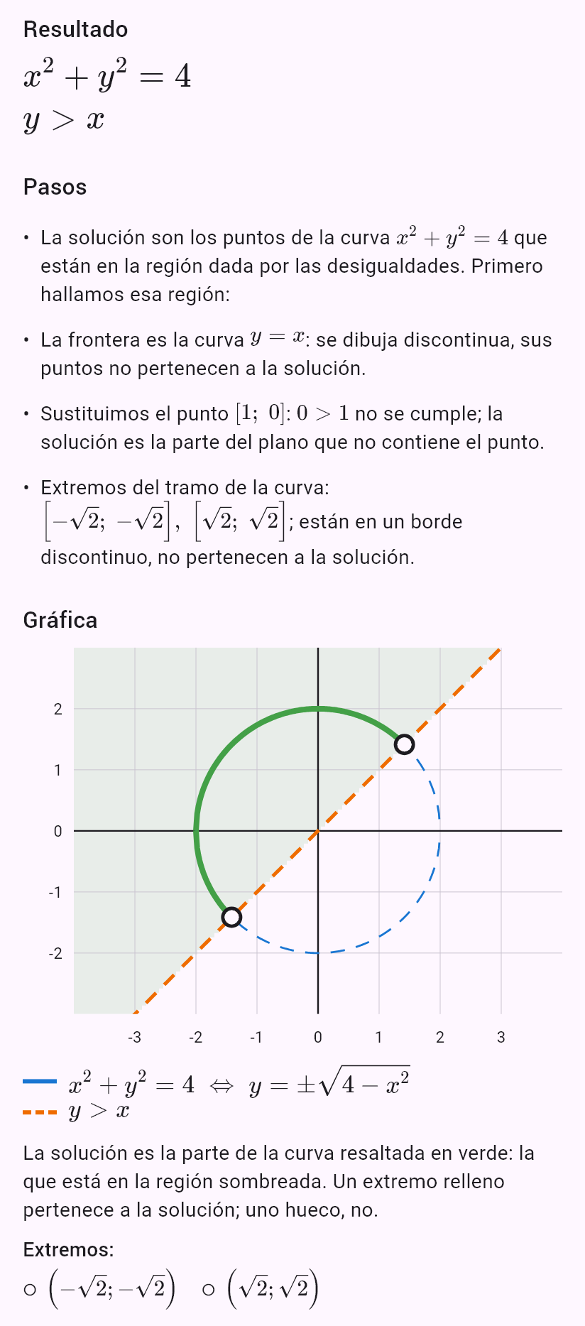 x^2 + y^2 = 4
y > x