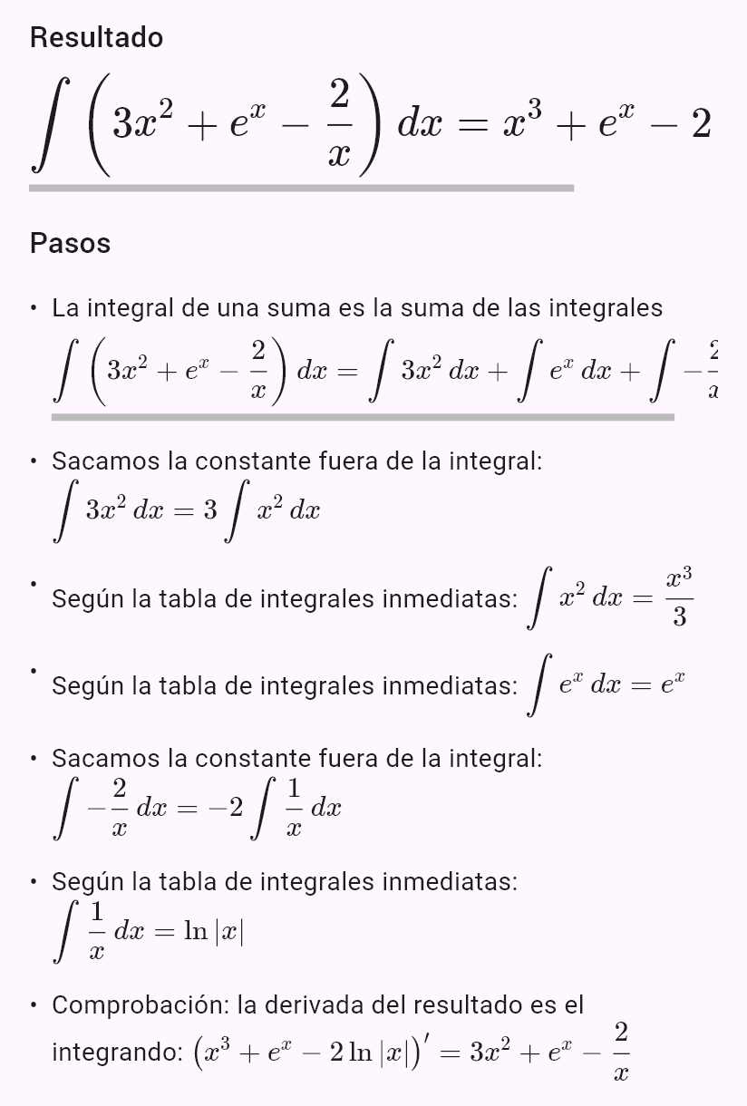 int(3x^2 - 2/x + e^x)