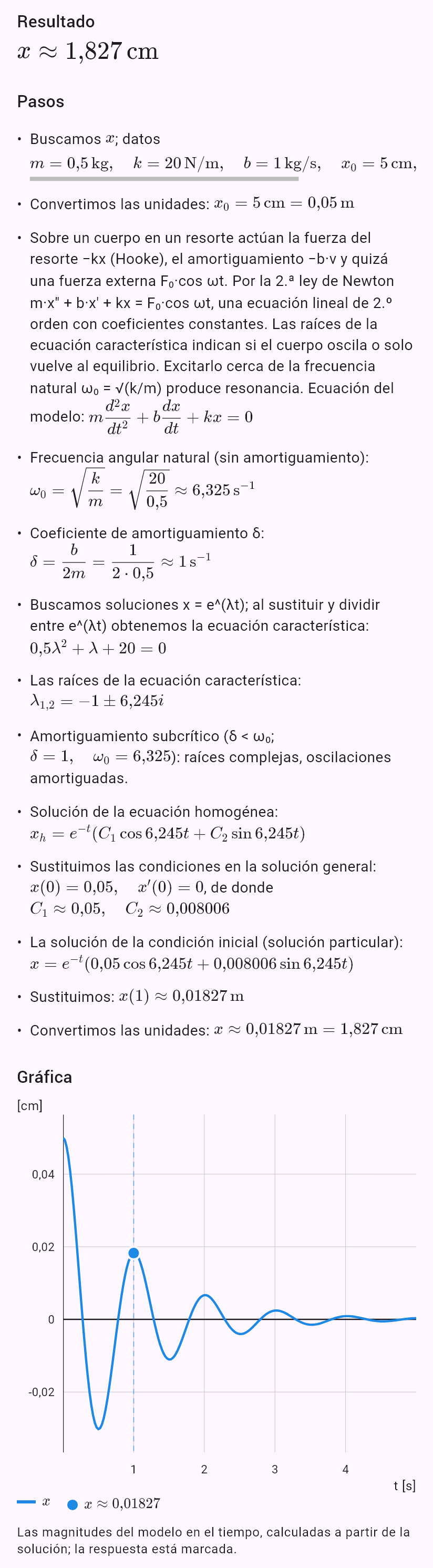 model(spring; find=x[cm]; m=0.5[kg]; k=20[N_m]; b=1[kg_s]; x0=5[cm]; v0=0[m_s]; t=1[s])