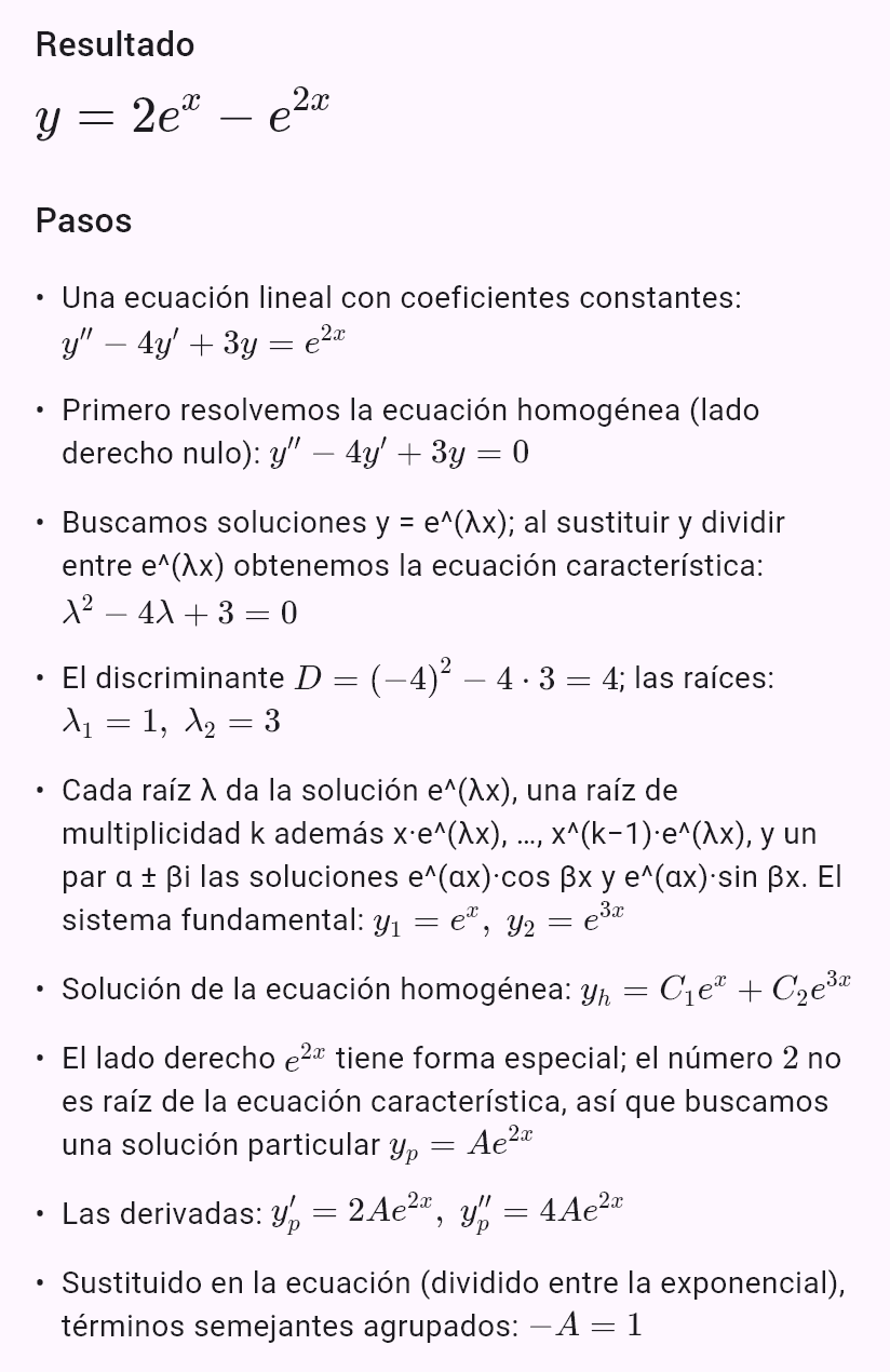 y'' - 4y' + 3y = e^(2x), y(0) = 1, y'(0) = 0