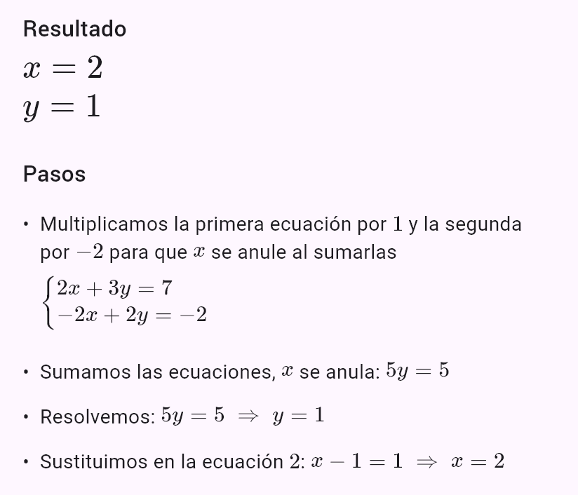 2x + 3y = 7
x - y = 1