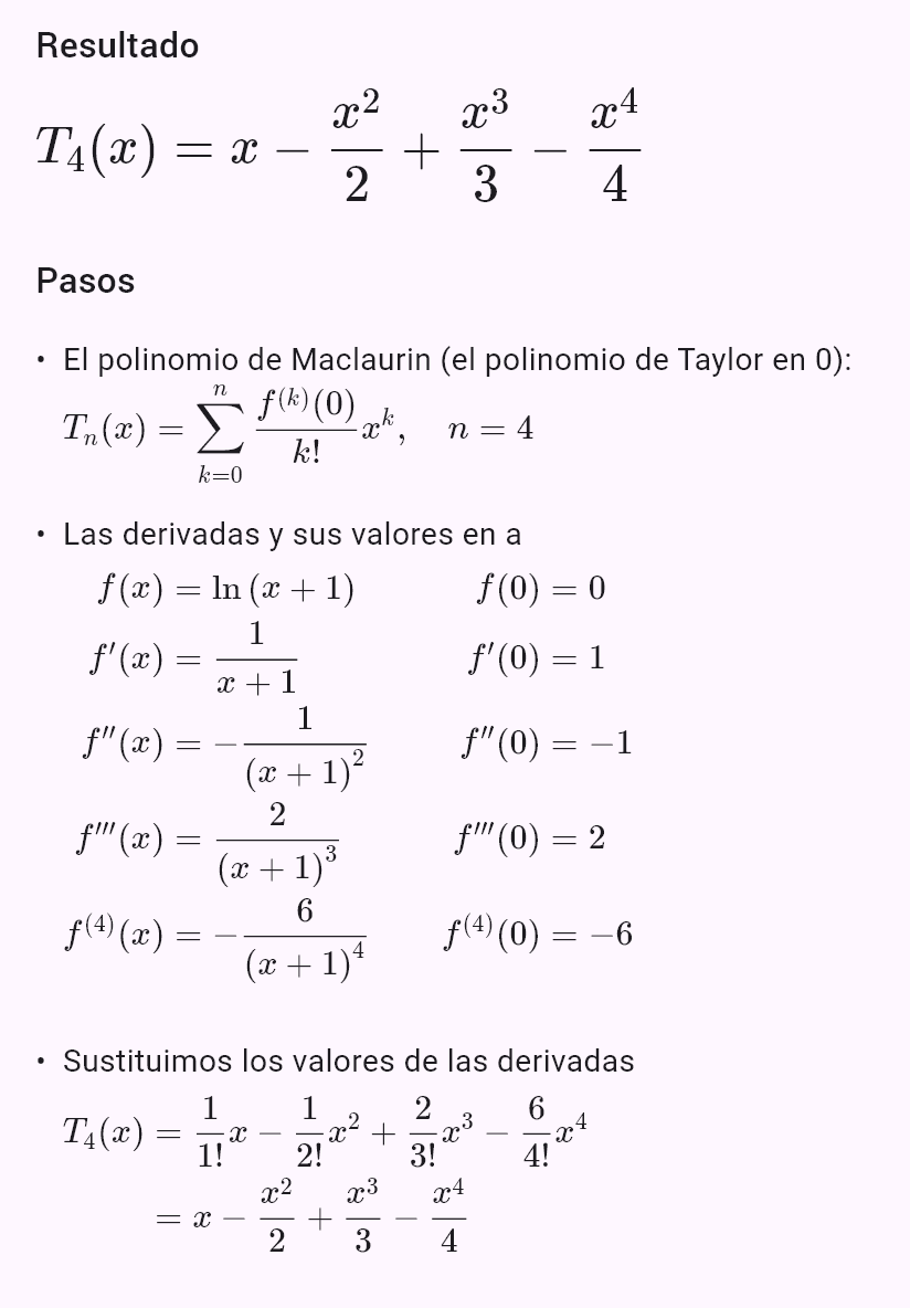 taylor(ln(1 + x), 0, 4)