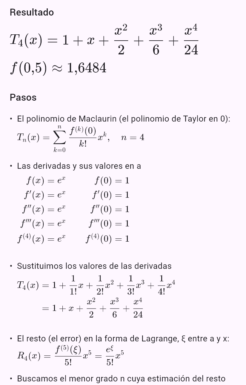 taylor(e^x, 0, chyba=0.001, x=0.5)