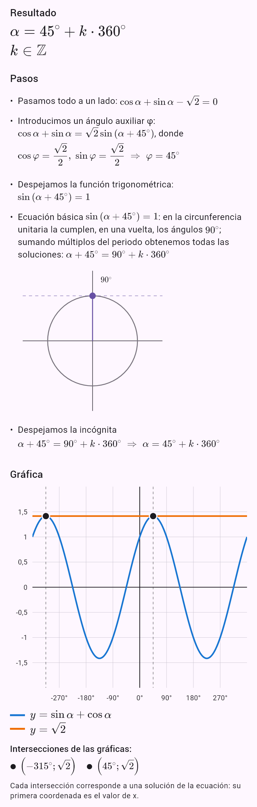 sin alpha + cos alpha = sqrt(2)