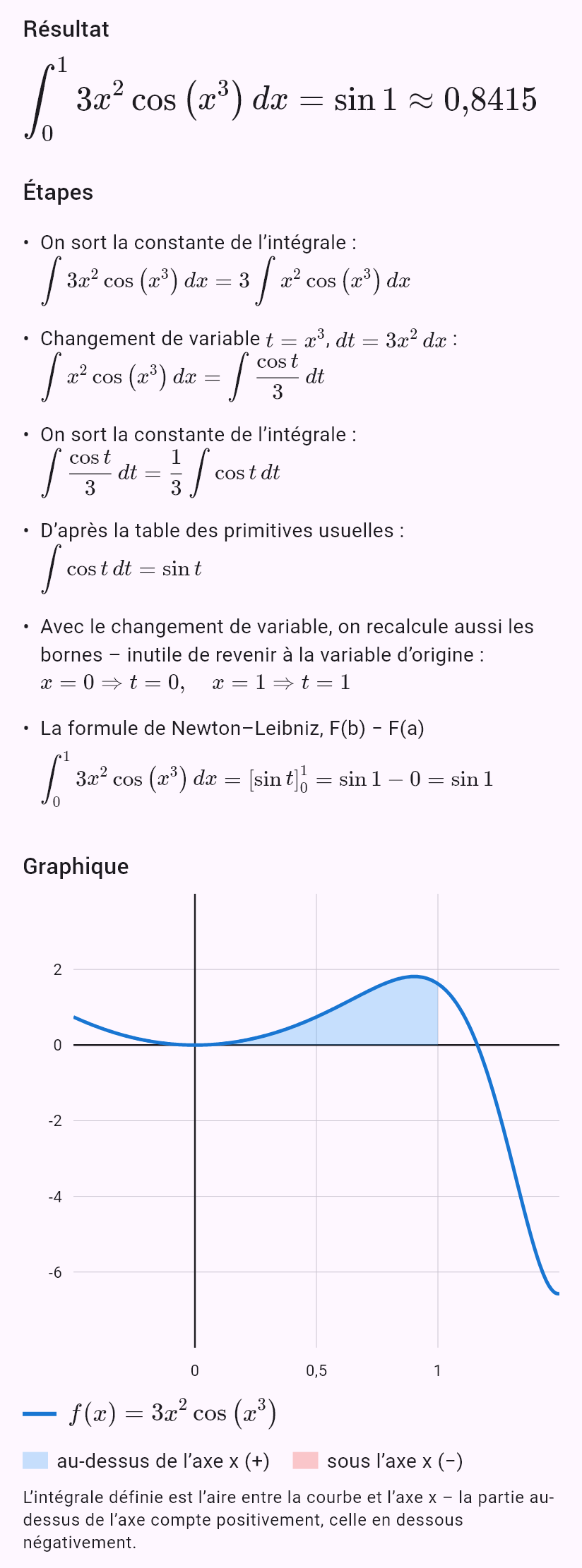int(3x^2 cos(x^3), x, 0, 1)