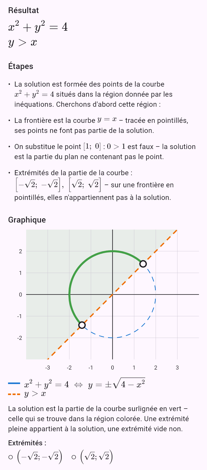 x^2 + y^2 = 4
y > x